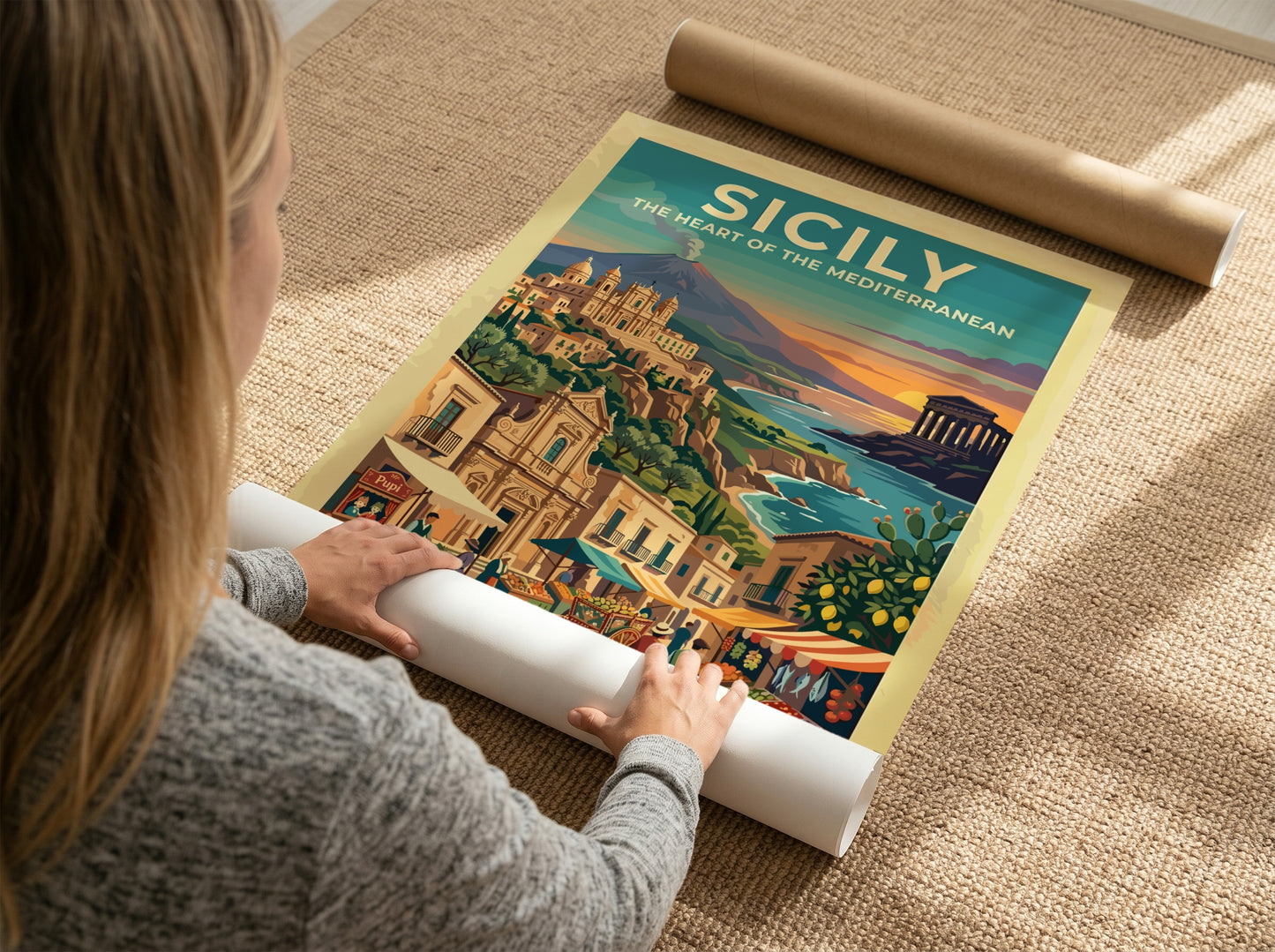 Travel poster of Sicily featuring a volcano, ancient temple, and a bustling market.