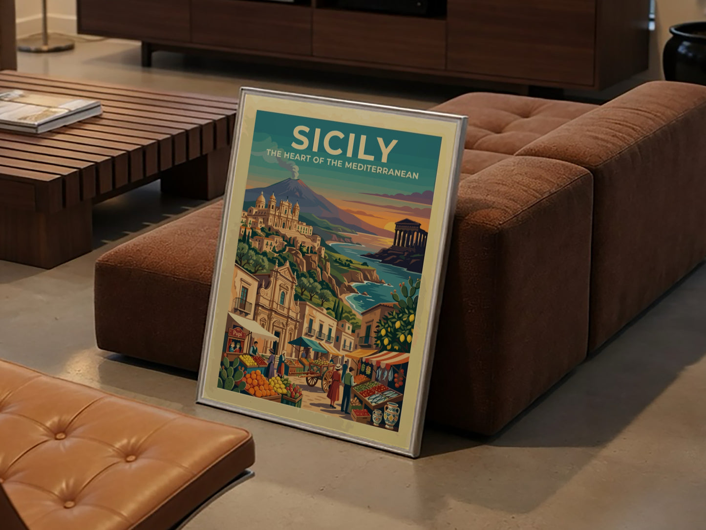 Travel poster of Sicily featuring a volcano, ancient temple, and a bustling market.