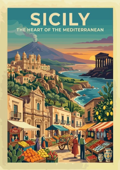 Travel poster of Sicily featuring a volcano, ancient temple, and a bustling market.