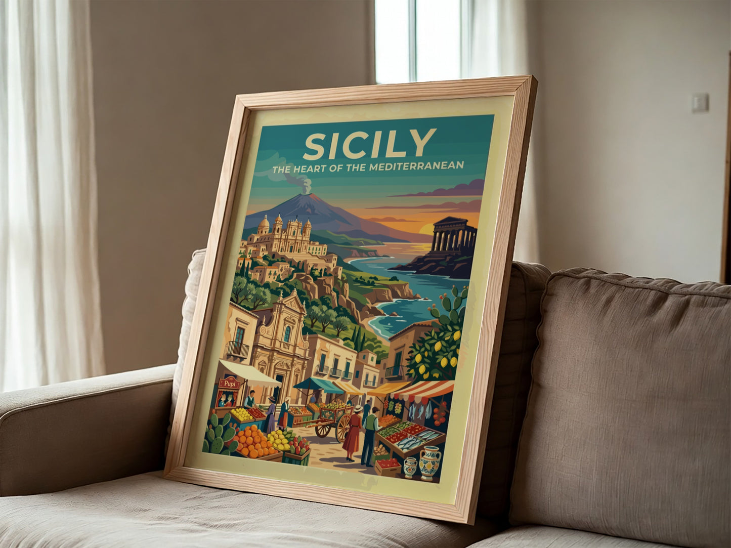 Travel poster of Sicily featuring a volcano, ancient temple, and a bustling market.