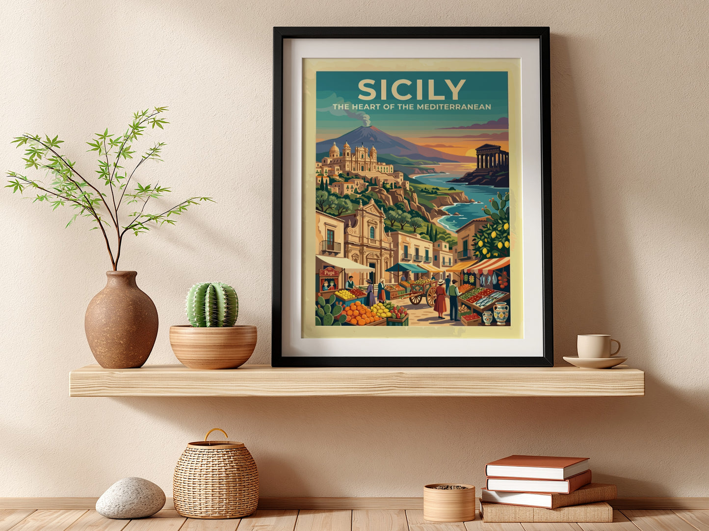 Travel poster of Sicily featuring a volcano, ancient temple, and a bustling market.