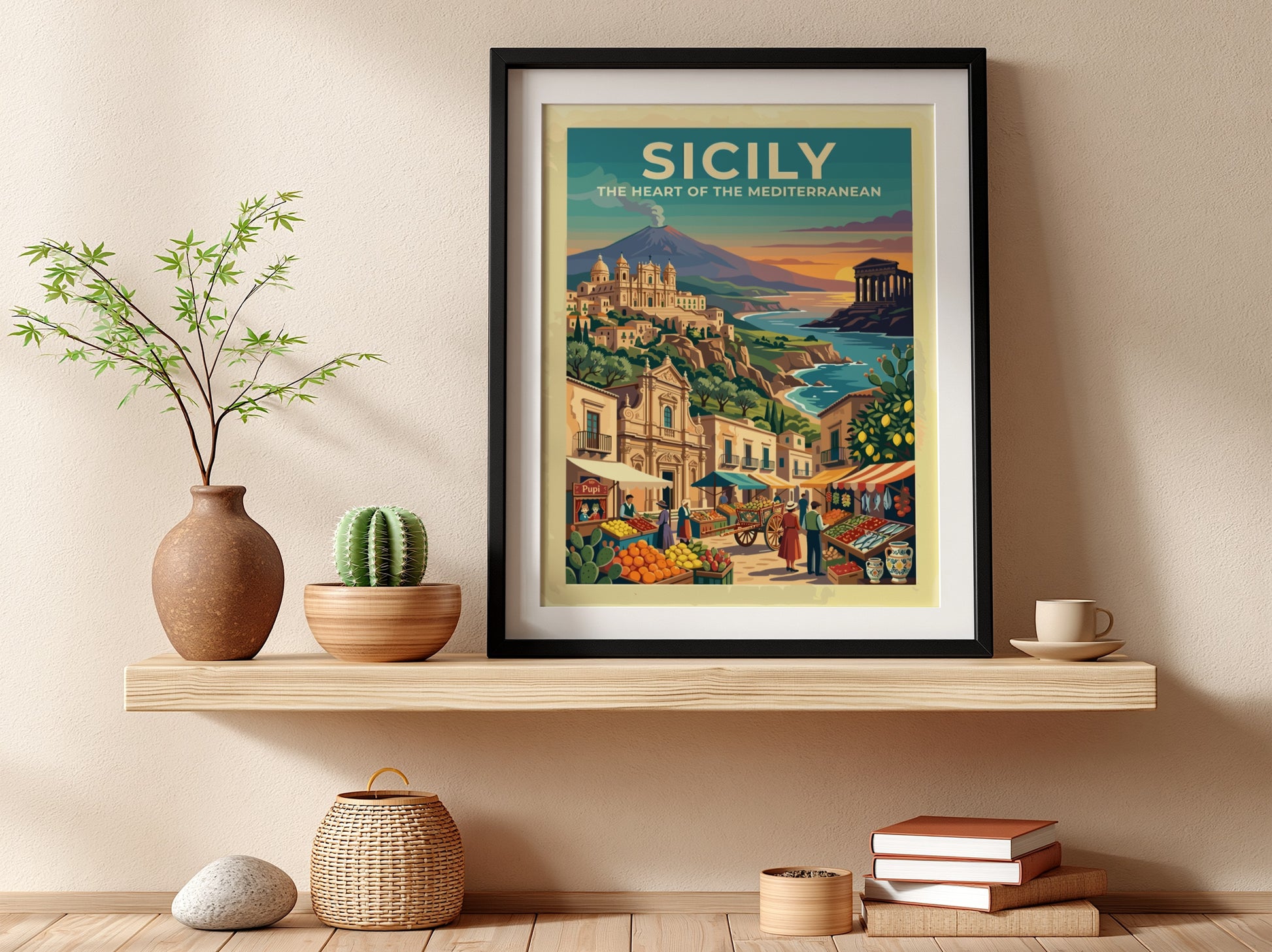 Travel poster of Sicily featuring a volcano, ancient temple, and a bustling market.