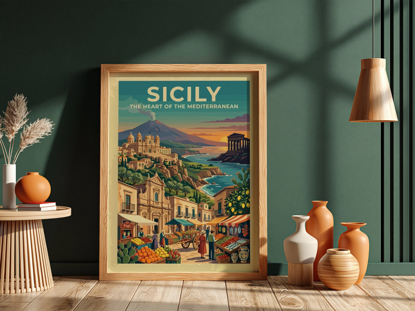 Travel poster of Sicily featuring a volcano, ancient temple, and a bustling market.