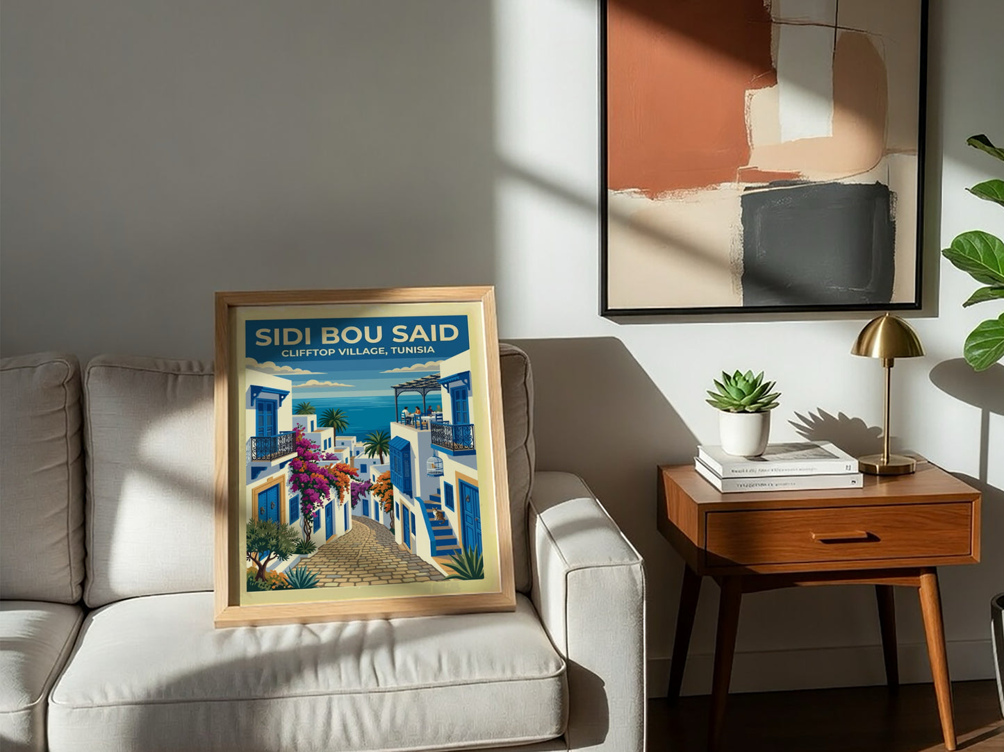 Travel poster of Sidi Bou Said featuring white buildings, blue doors, and flowers.