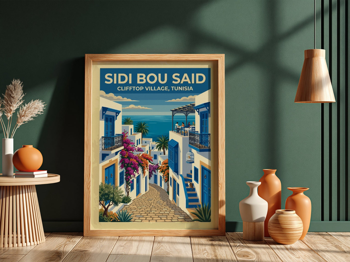 Travel poster of Sidi Bou Said featuring white buildings, blue doors, and flowers.