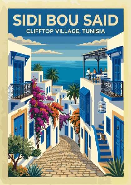 Travel poster of Sidi Bou Said featuring white buildings, blue doors, and flowers.