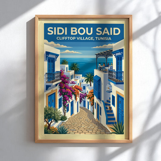 Travel poster of Sidi Bou Said featuring white buildings, blue doors, and flowers.