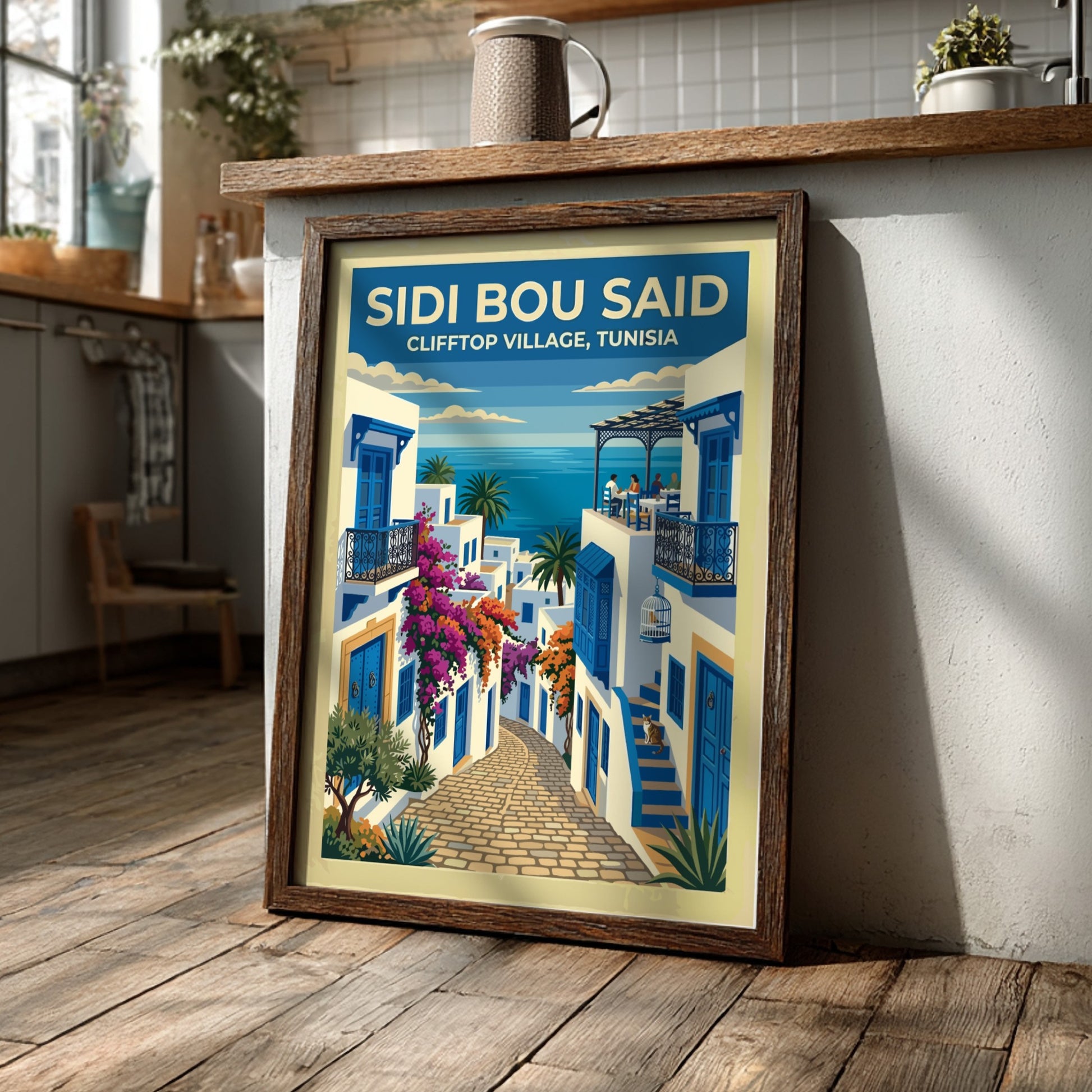 Travel poster of Sidi Bou Said featuring white buildings, blue doors, and flowers.