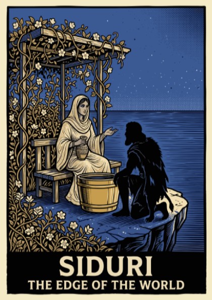 Poster featuring Siduri sitting under a vine arbor by the sea at night