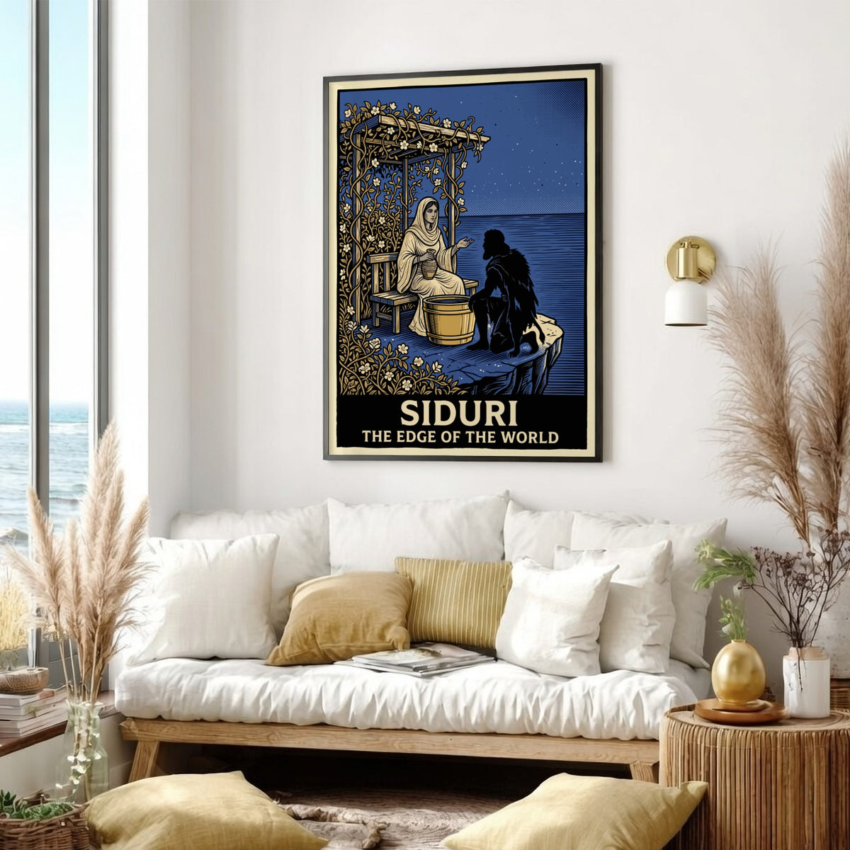 Poster featuring Siduri sitting under a vine arbor by the sea at night