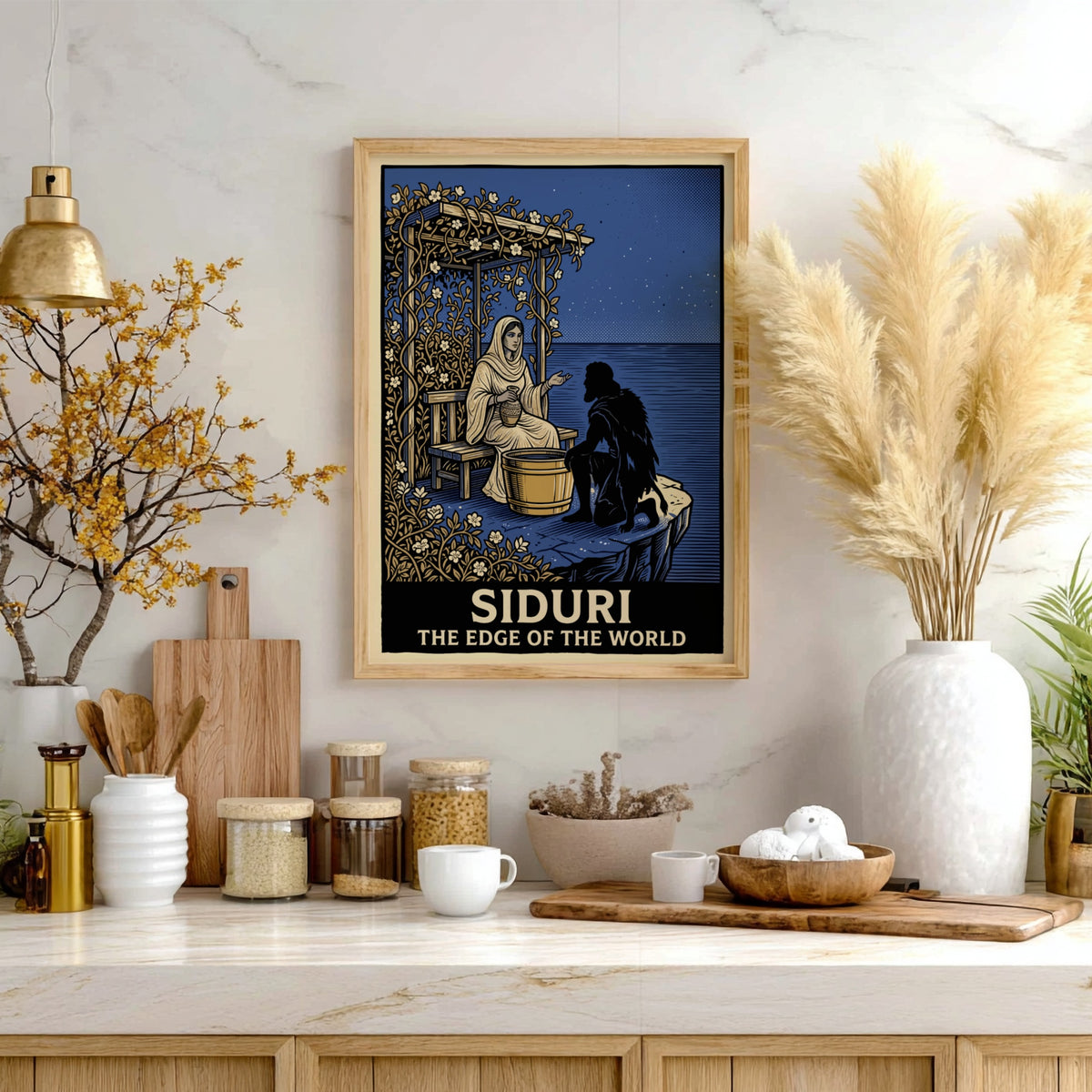 Poster featuring Siduri sitting under a vine arbor by the sea at night