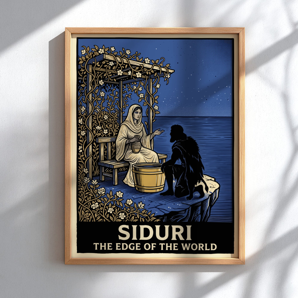 Poster featuring Siduri sitting under a vine arbor by the sea at night