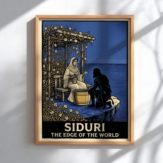 Poster featuring Siduri sitting under a vine arbor by the sea at night