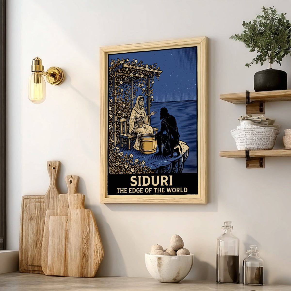 Poster featuring Siduri sitting under a vine arbor by the sea at night