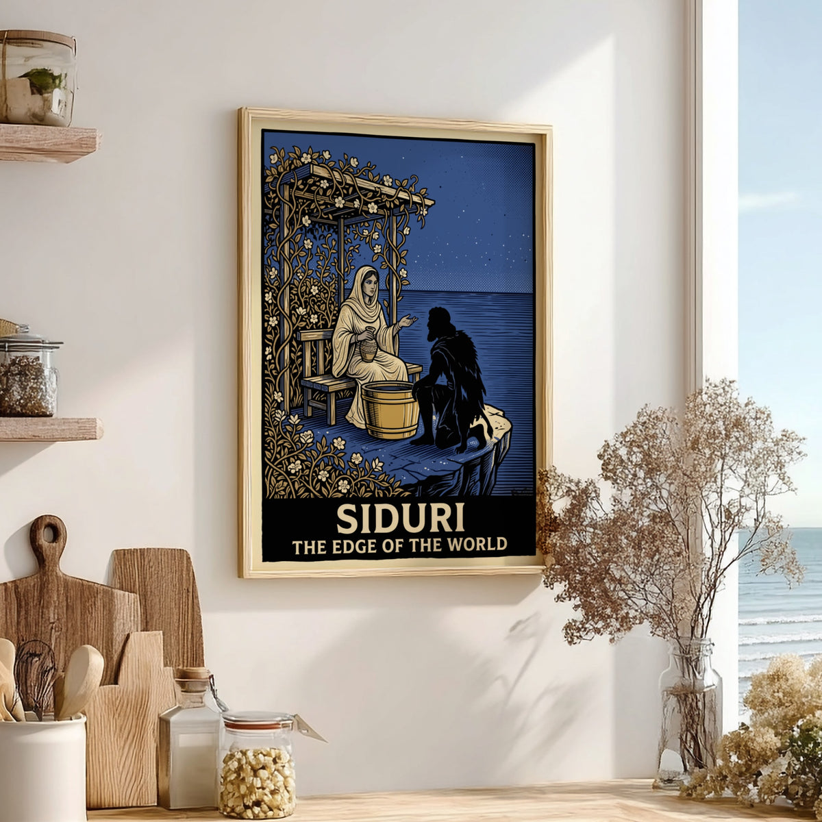 Poster featuring Siduri sitting under a vine arbor by the sea at night