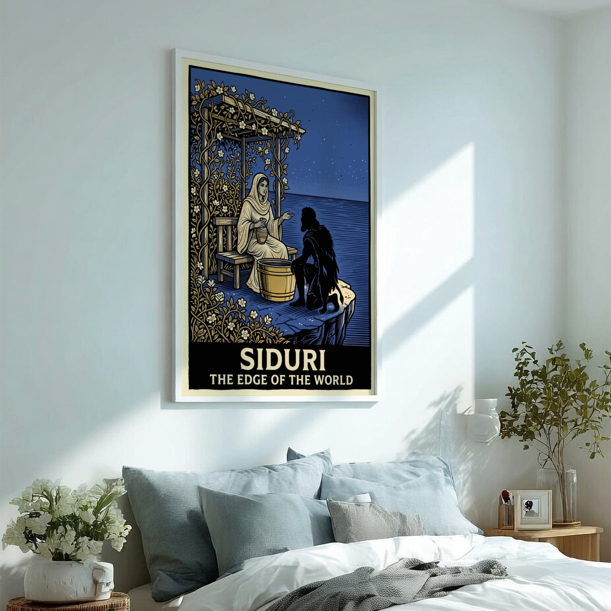 Poster featuring Siduri sitting under a vine arbor by the sea at night
