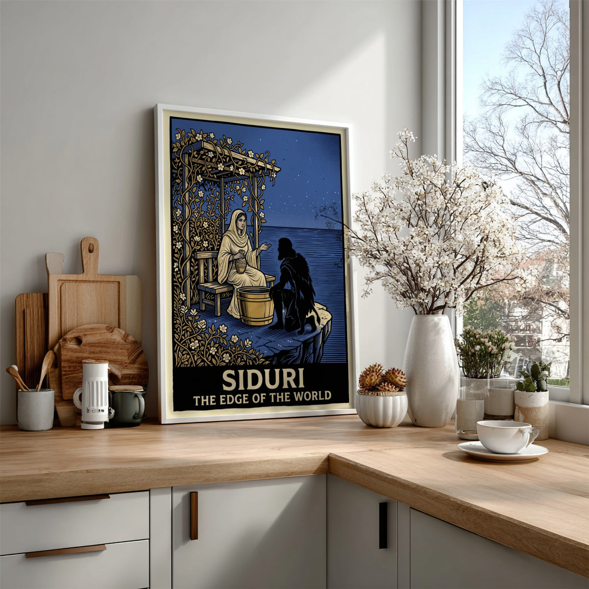 Poster featuring Siduri sitting under a vine arbor by the sea at night