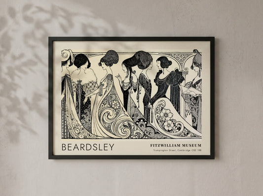 Wall art poster featuring Aubrey Beardsley Siegfried figures in black ink on cream background.