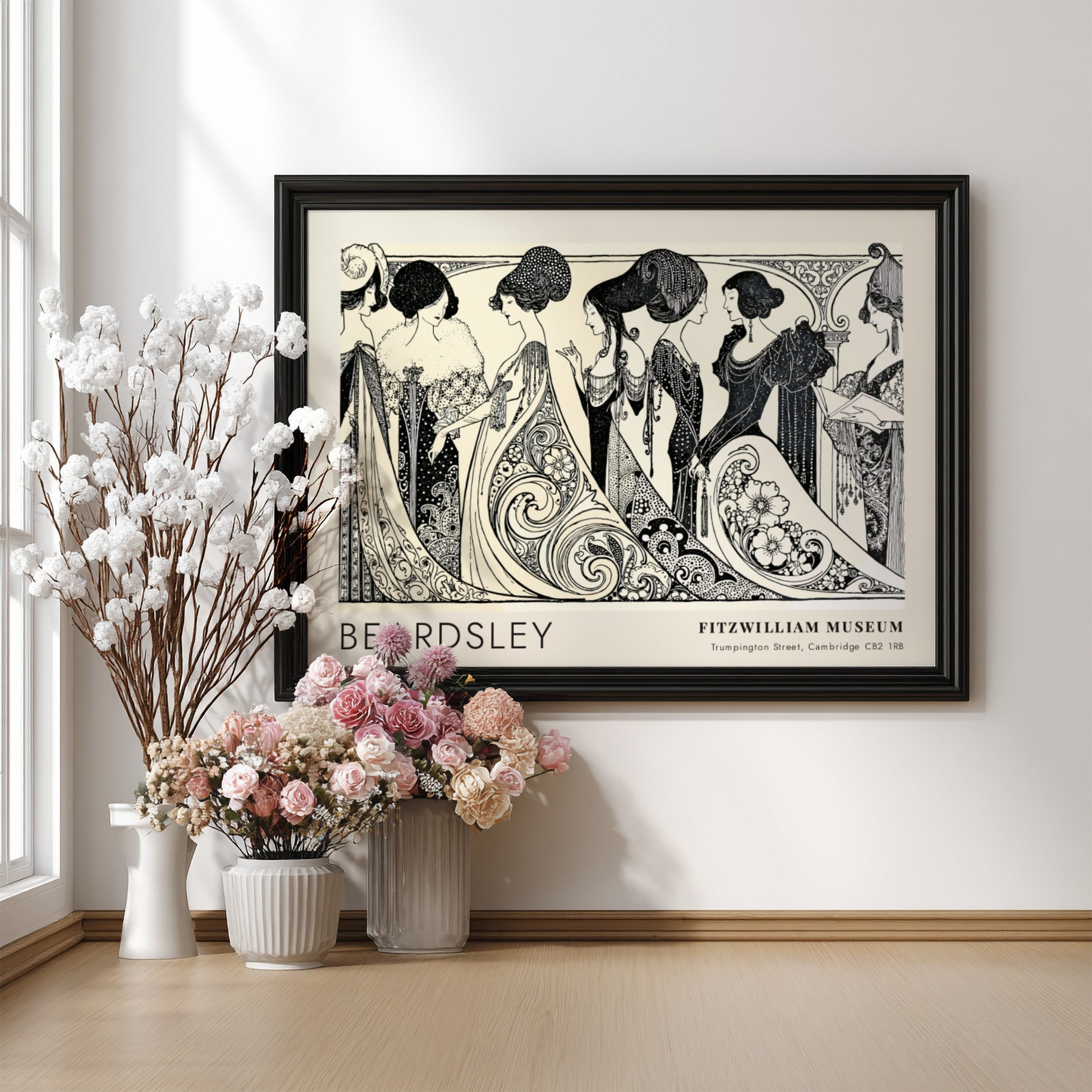 Wall art poster featuring Aubrey Beardsley Siegfried figures in black ink on cream background.