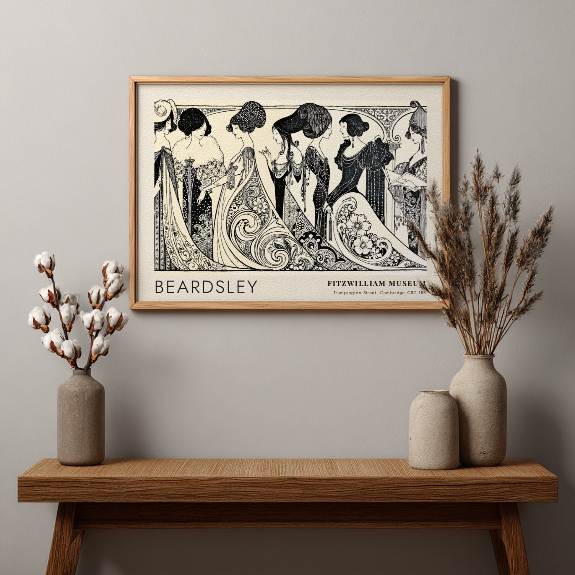 Wall art poster featuring Aubrey Beardsley Siegfried figures in black ink on cream background.