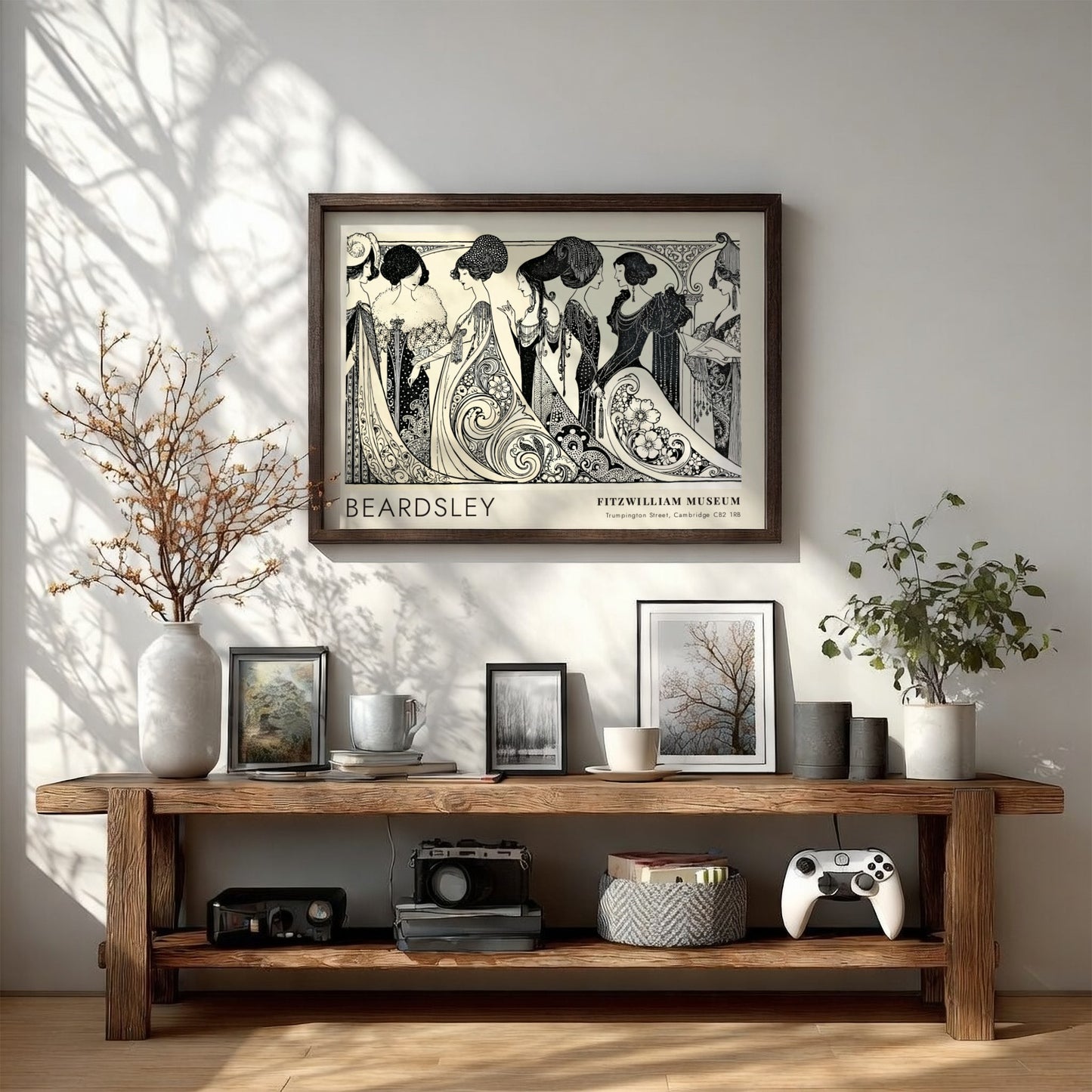 Wall art poster featuring Aubrey Beardsley Siegfried figures in black ink on cream background.