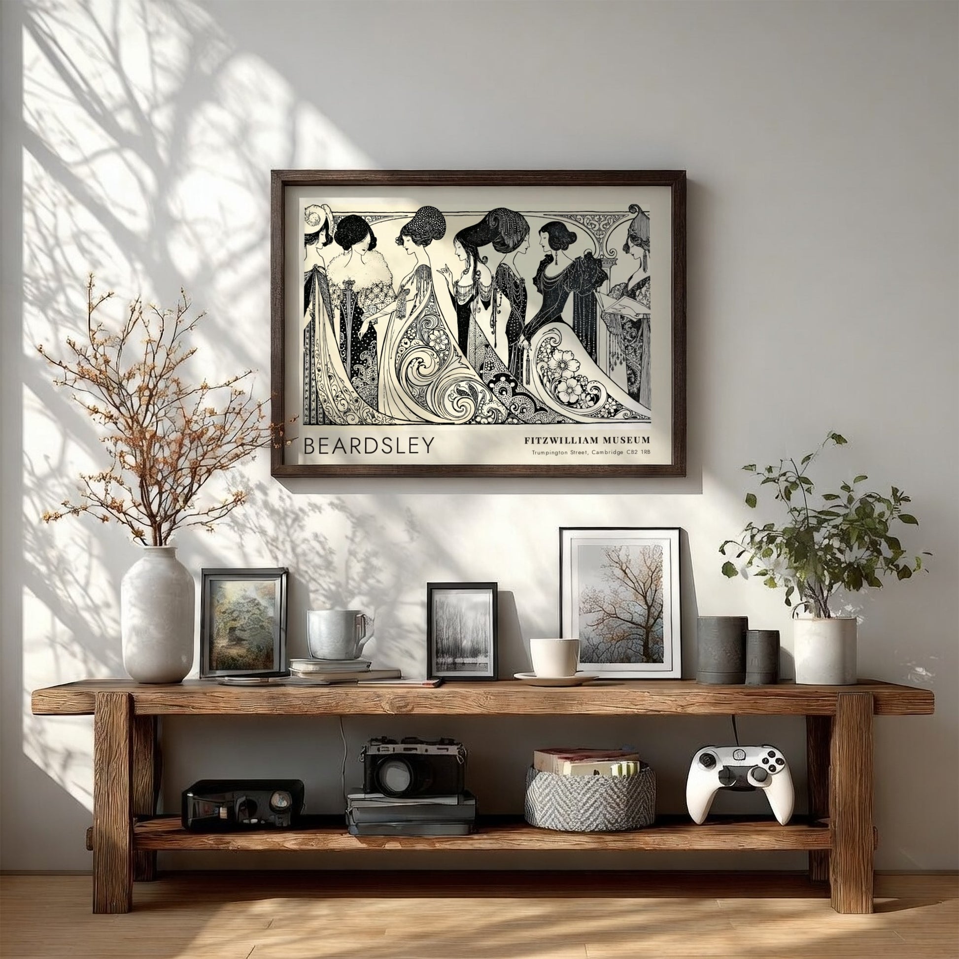 Wall art poster featuring Aubrey Beardsley Siegfried figures in black ink on cream background.