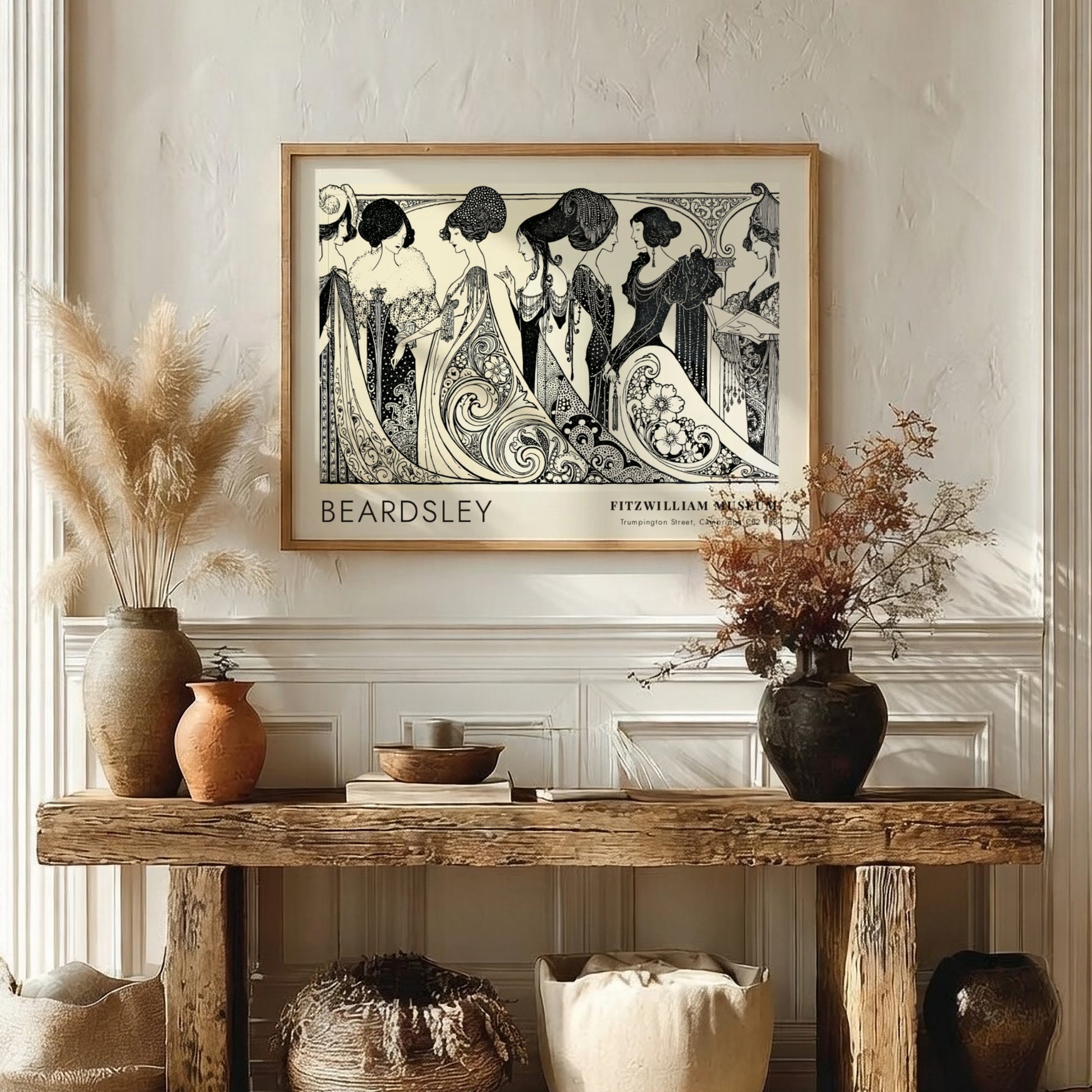 Wall art poster featuring Aubrey Beardsley Siegfried figures in black ink on cream background.