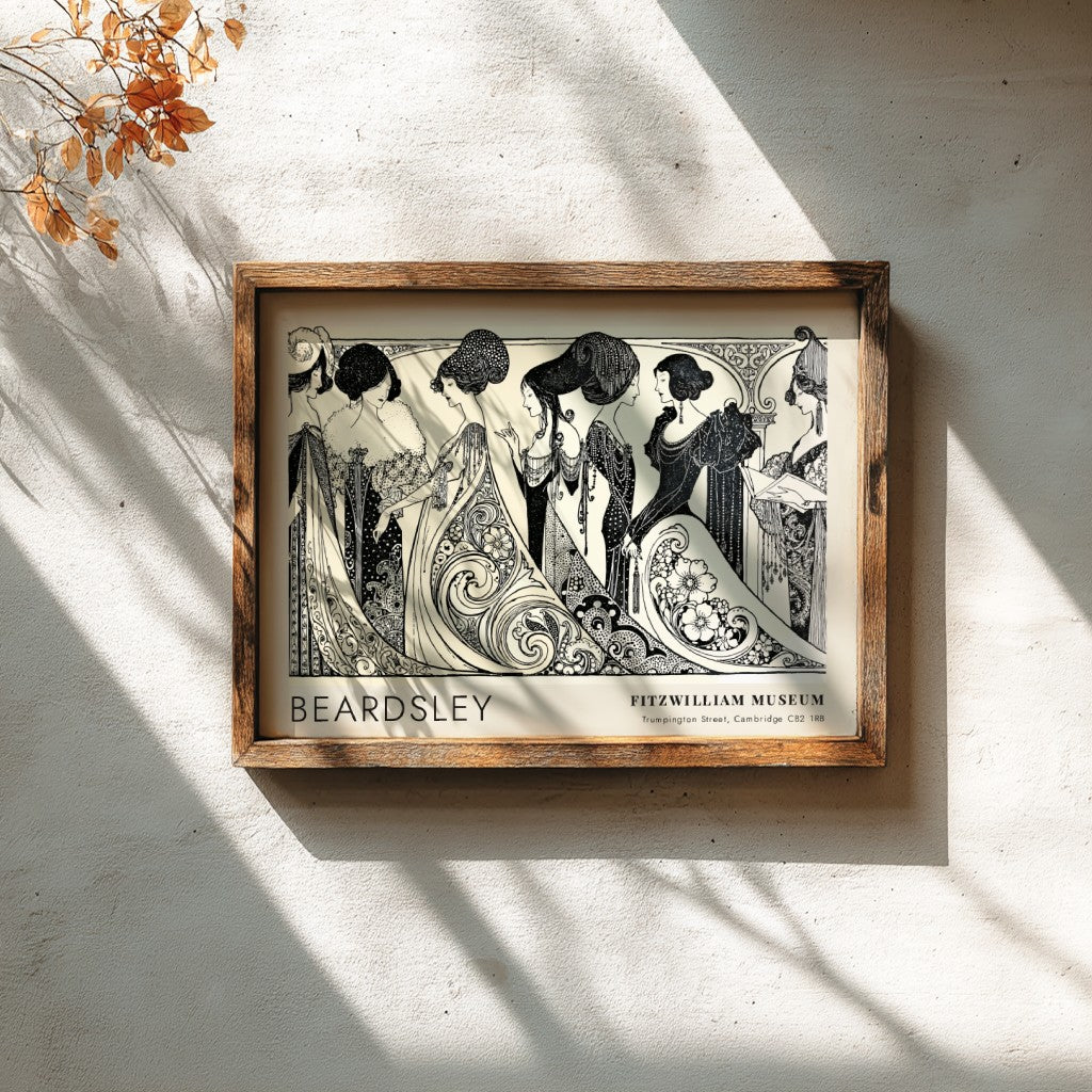 Wall art poster featuring Aubrey Beardsley Siegfried figures in black ink on cream background.
