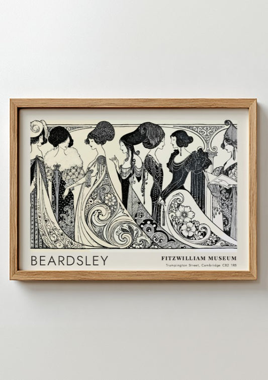 Wall art poster featuring Aubrey Beardsley Siegfried figures in black ink on cream background.