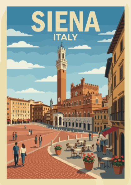 Poster of Siena Italy featuring the Torre del Mangia and a bustling square