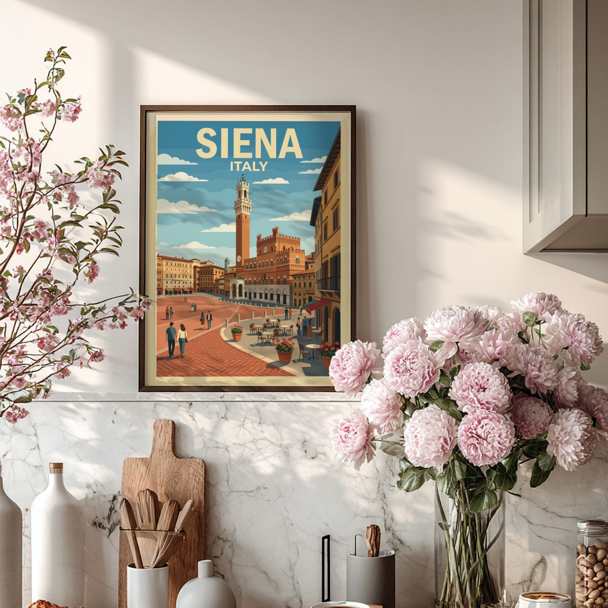 Poster of Siena Italy featuring the Torre del Mangia and a bustling square