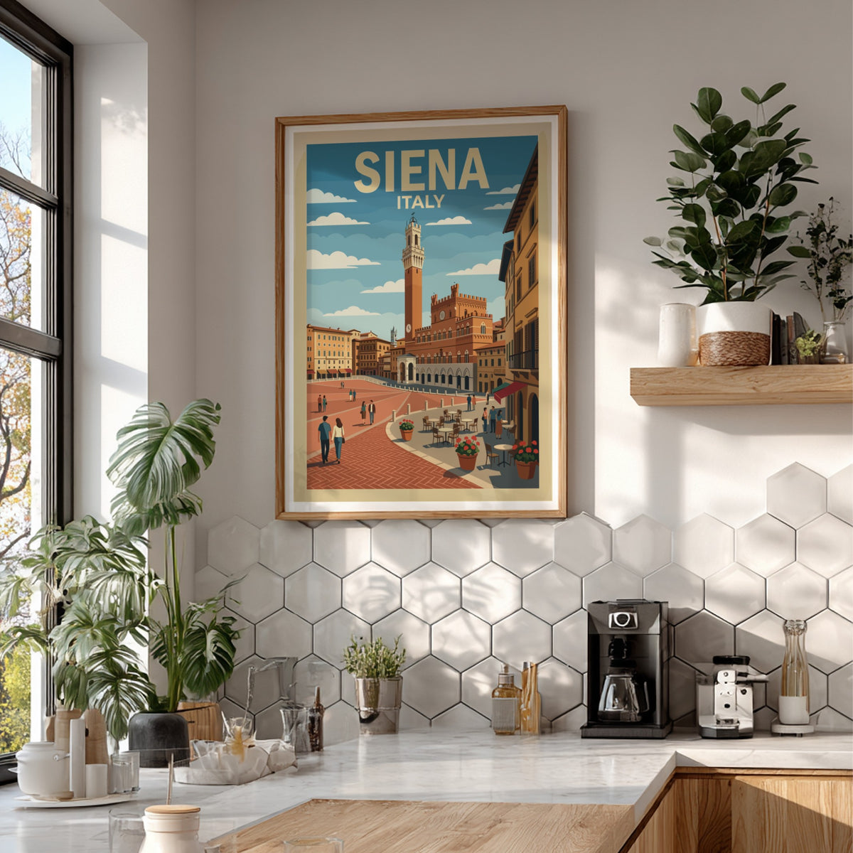 Poster of Siena Italy featuring the Torre del Mangia and a bustling square