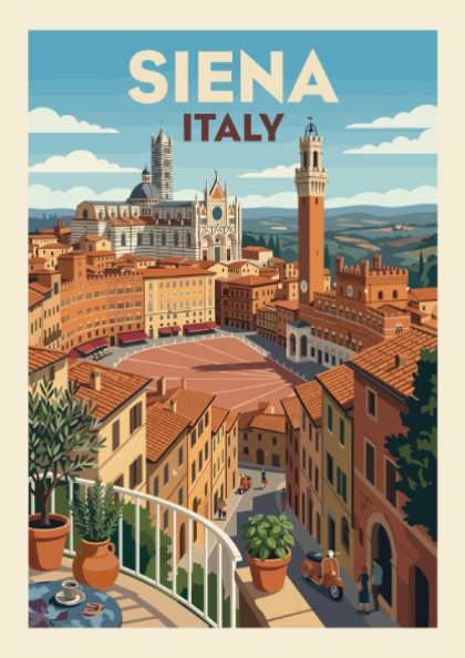 Vintage travel poster of Siena, Italy, featuring iconic architecture and a retro art style.