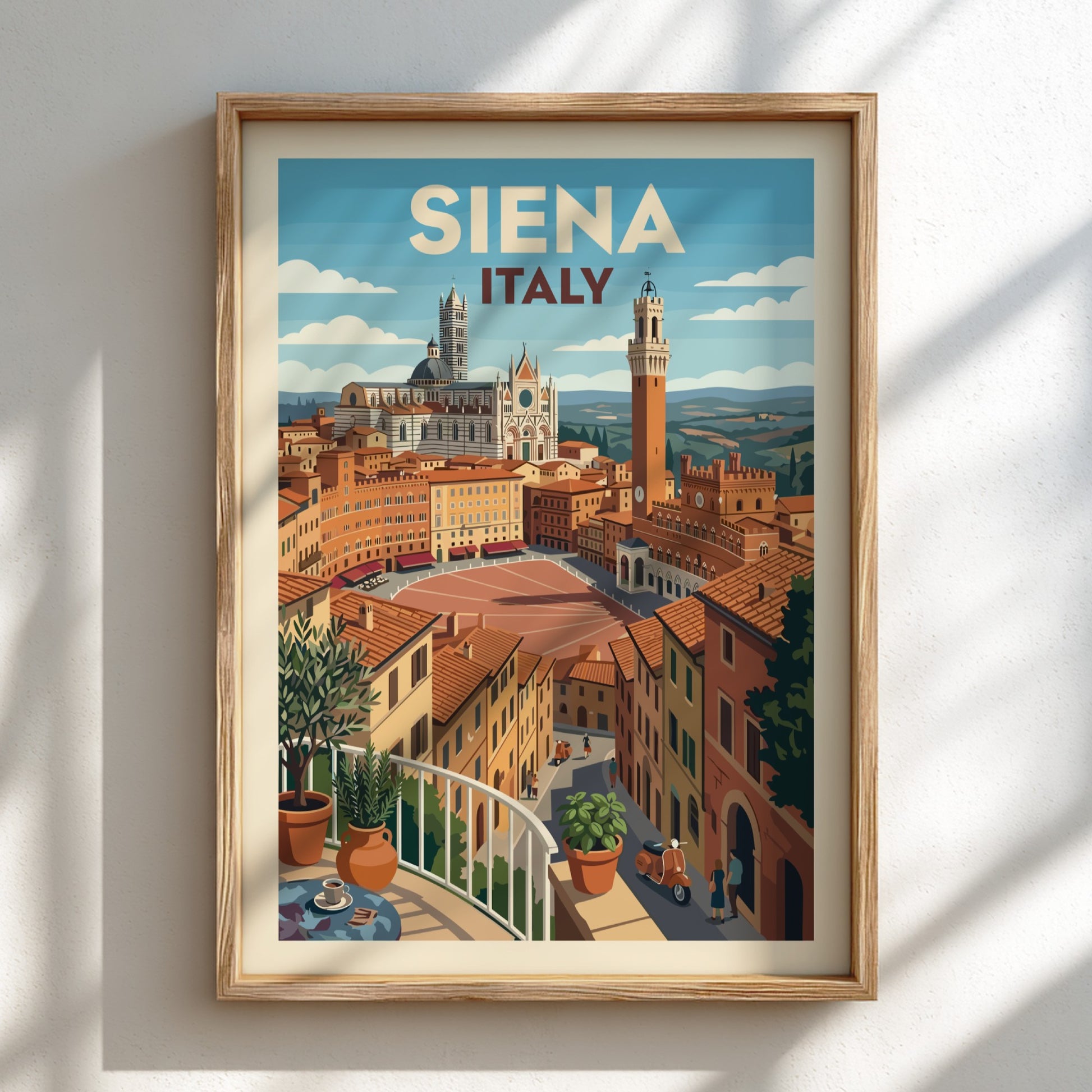 Vintage travel poster of Siena, Italy, featuring iconic architecture and a retro art style.