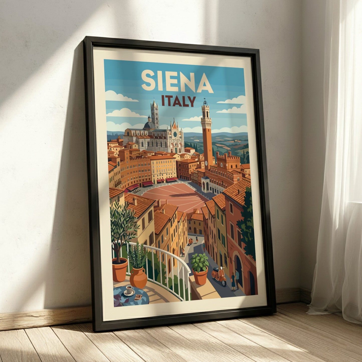 Vintage travel poster of Siena, Italy, featuring iconic architecture and a retro art style.