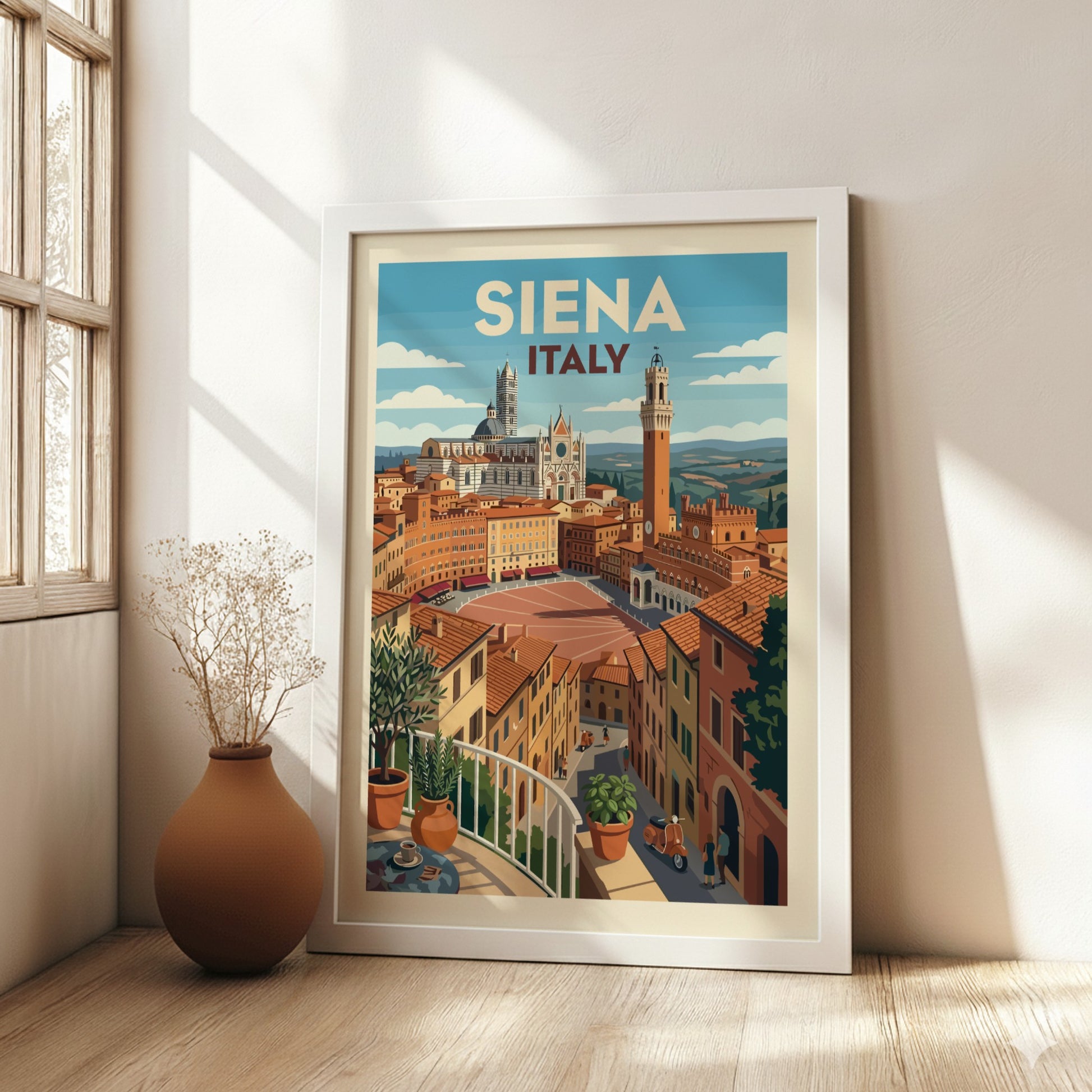 Vintage travel poster of Siena, Italy, featuring iconic architecture and a retro art style.