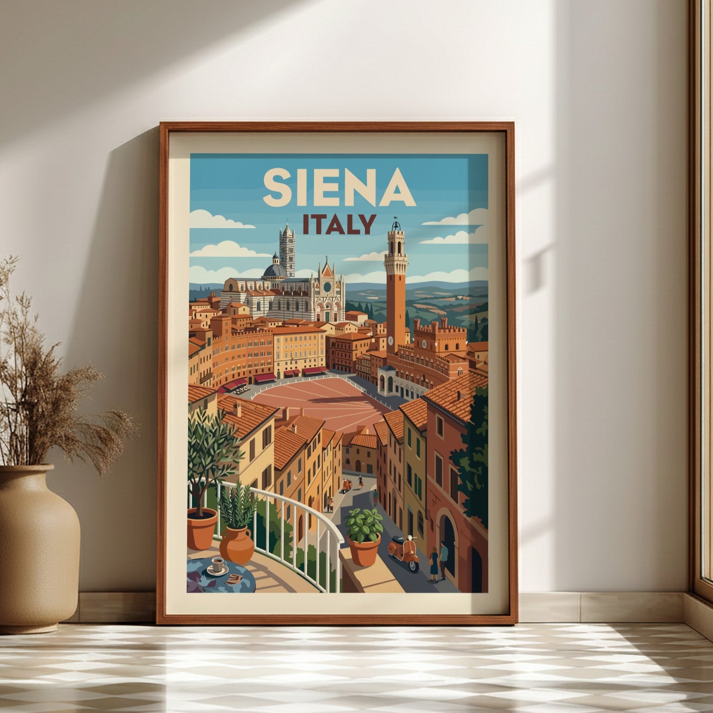 Vintage travel poster of Siena, Italy, featuring iconic architecture and a retro art style.