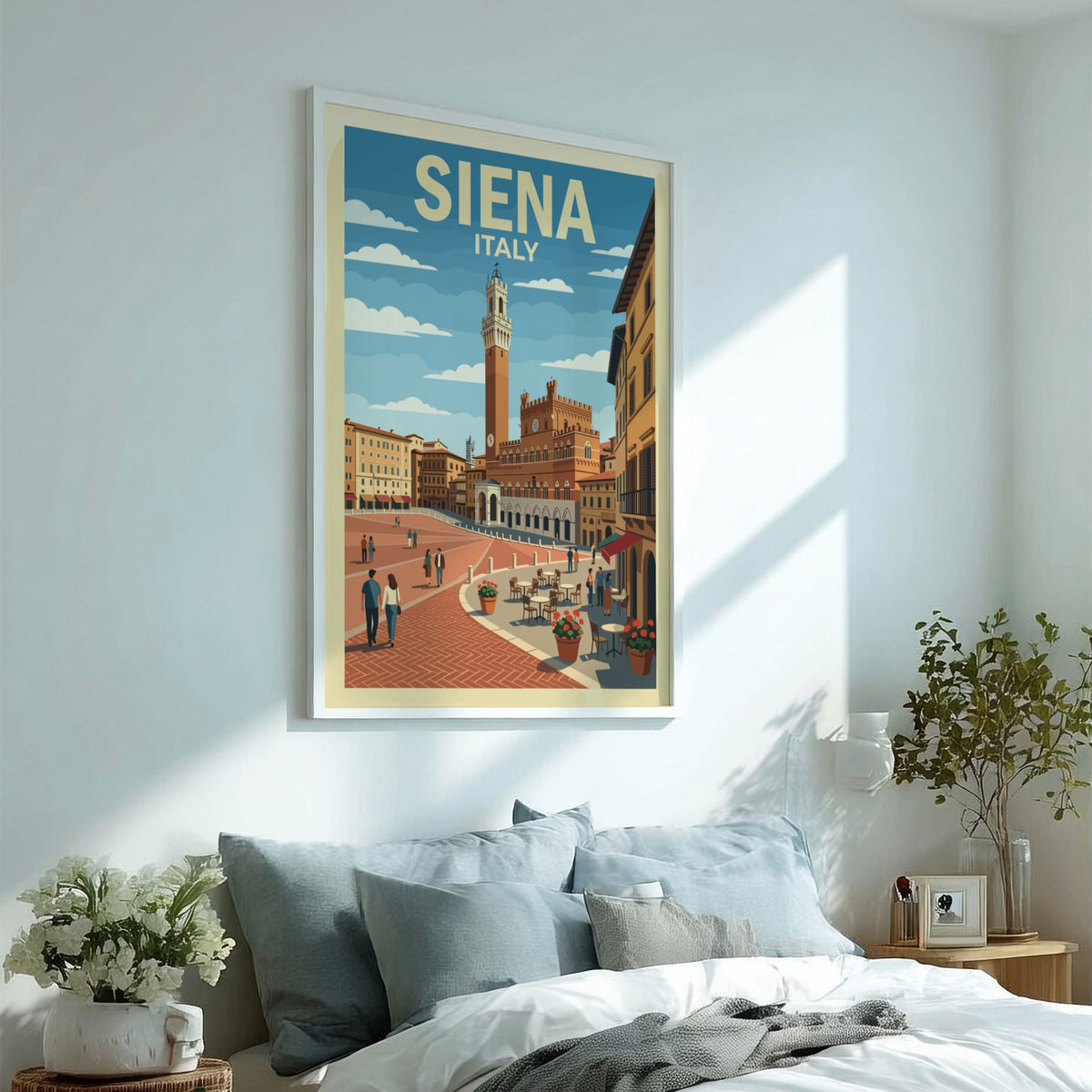 Poster of Siena Italy featuring the Torre del Mangia and a bustling square