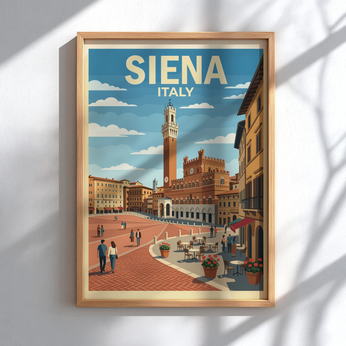 Poster of Siena Italy featuring the Torre del Mangia and a bustling square
