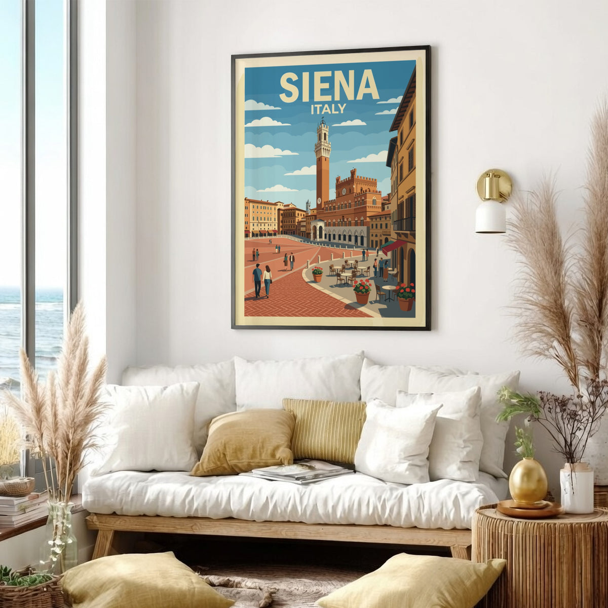 Poster of Siena Italy featuring the Torre del Mangia and a bustling square