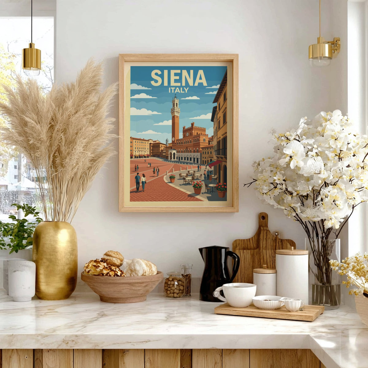 Poster of Siena Italy featuring the Torre del Mangia and a bustling square