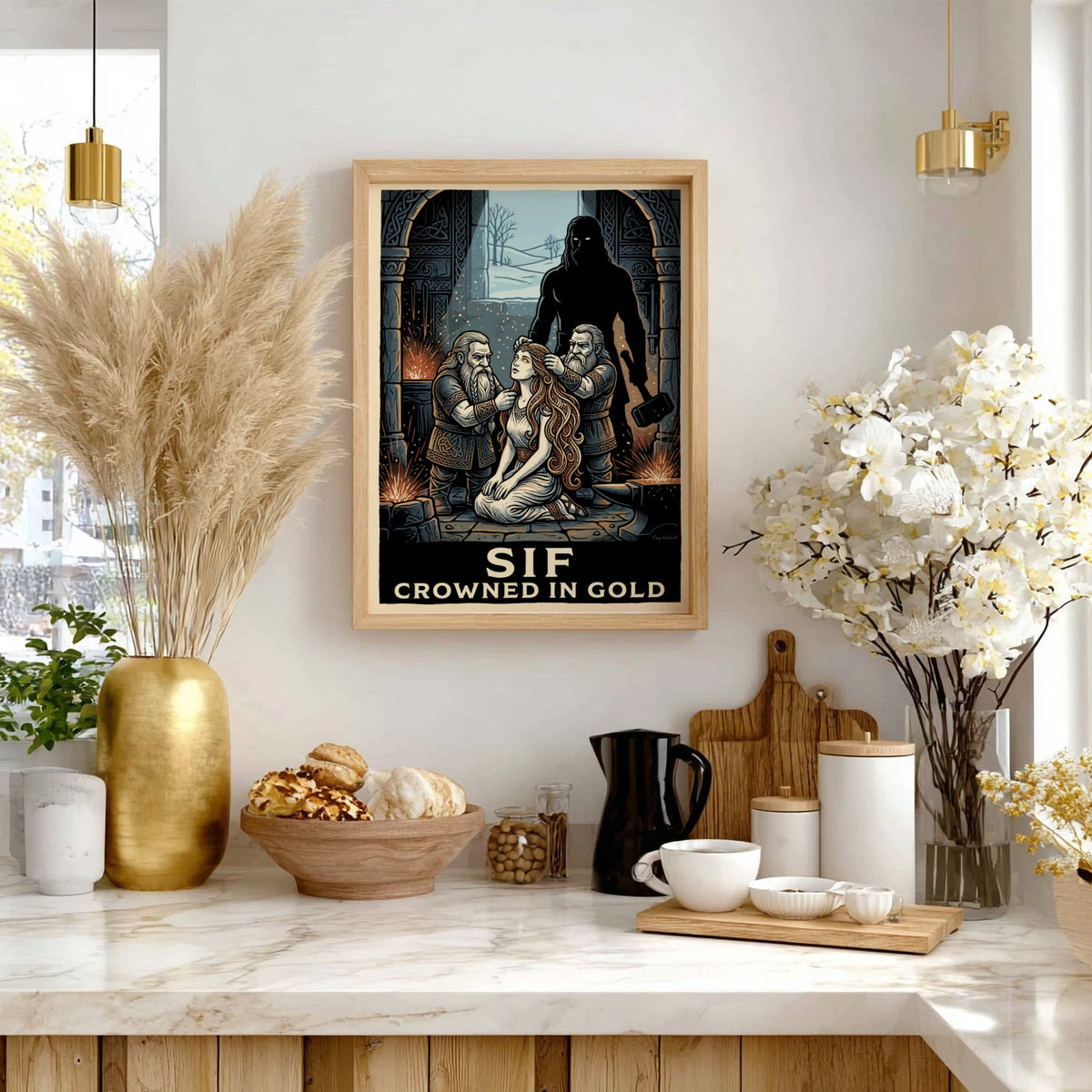 Poster of Sif with golden hair being crafted by two dwarves in a forge