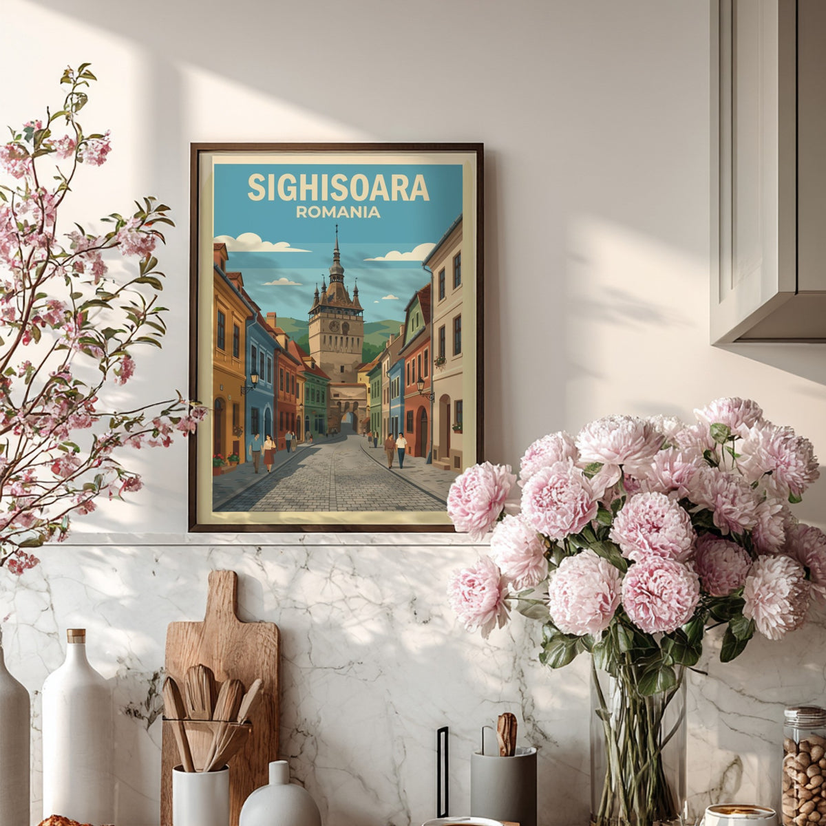 Poster of Sighisoara Romania featuring a cobblestone street leading to a historic clock tower.