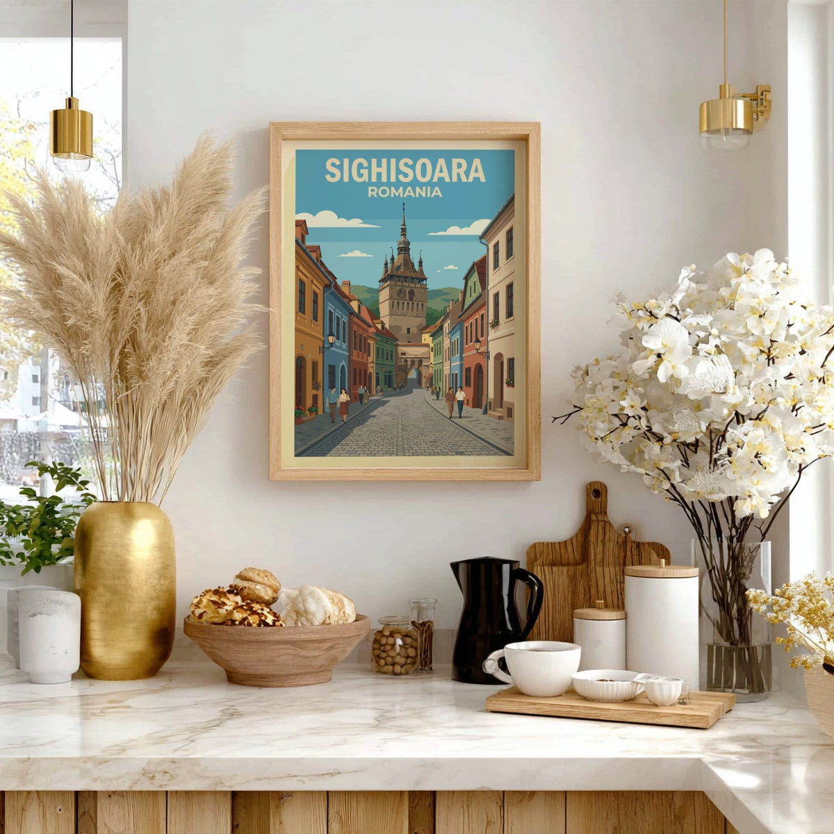 Poster of Sighisoara Romania featuring a cobblestone street leading to a historic clock tower.