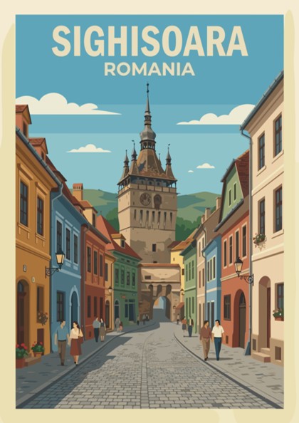 Poster of Sighisoara Romania featuring a cobblestone street leading to a historic clock tower.