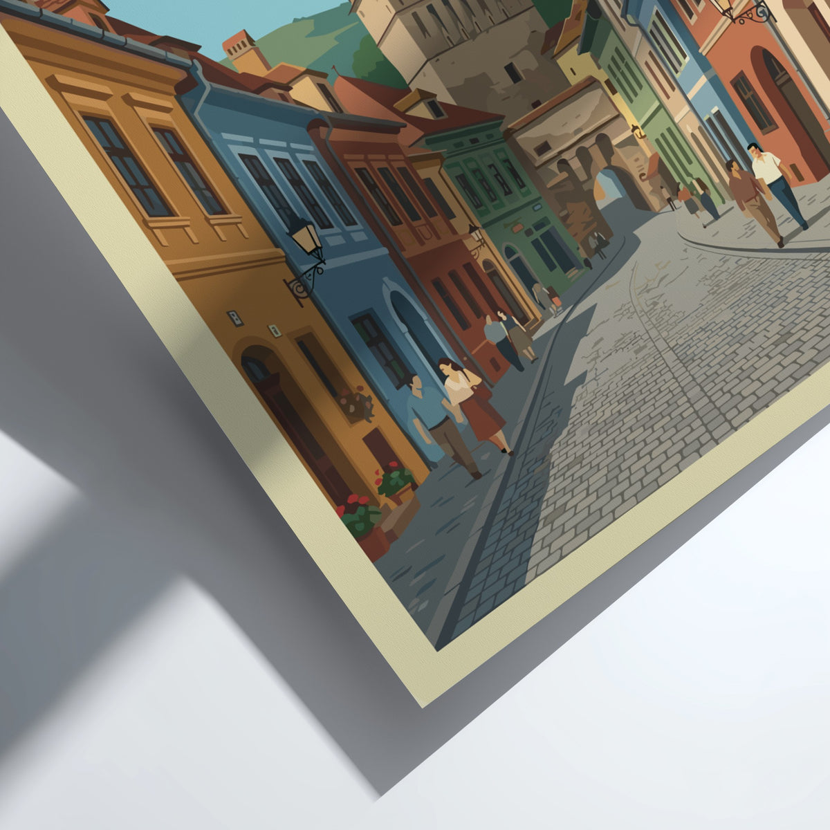 Poster of Sighisoara Romania featuring a cobblestone street leading to a historic clock tower.