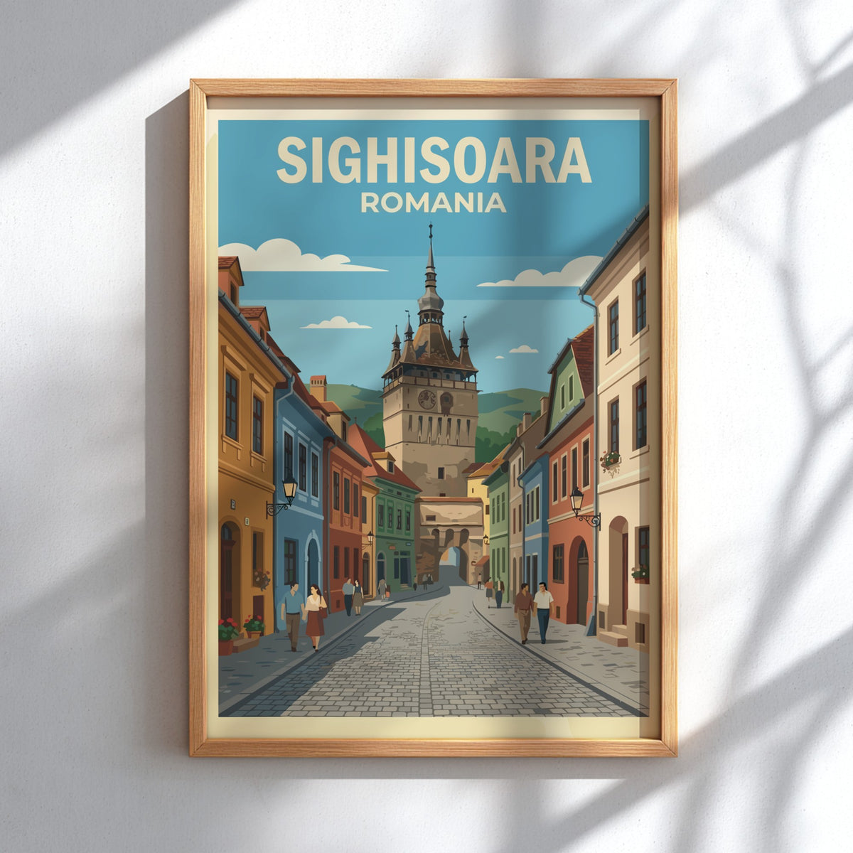 Poster of Sighisoara Romania featuring a cobblestone street leading to a historic clock tower.
