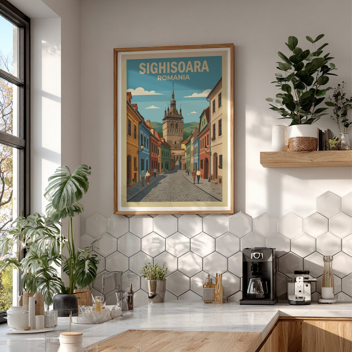 Poster of Sighisoara Romania featuring a cobblestone street leading to a historic clock tower.
