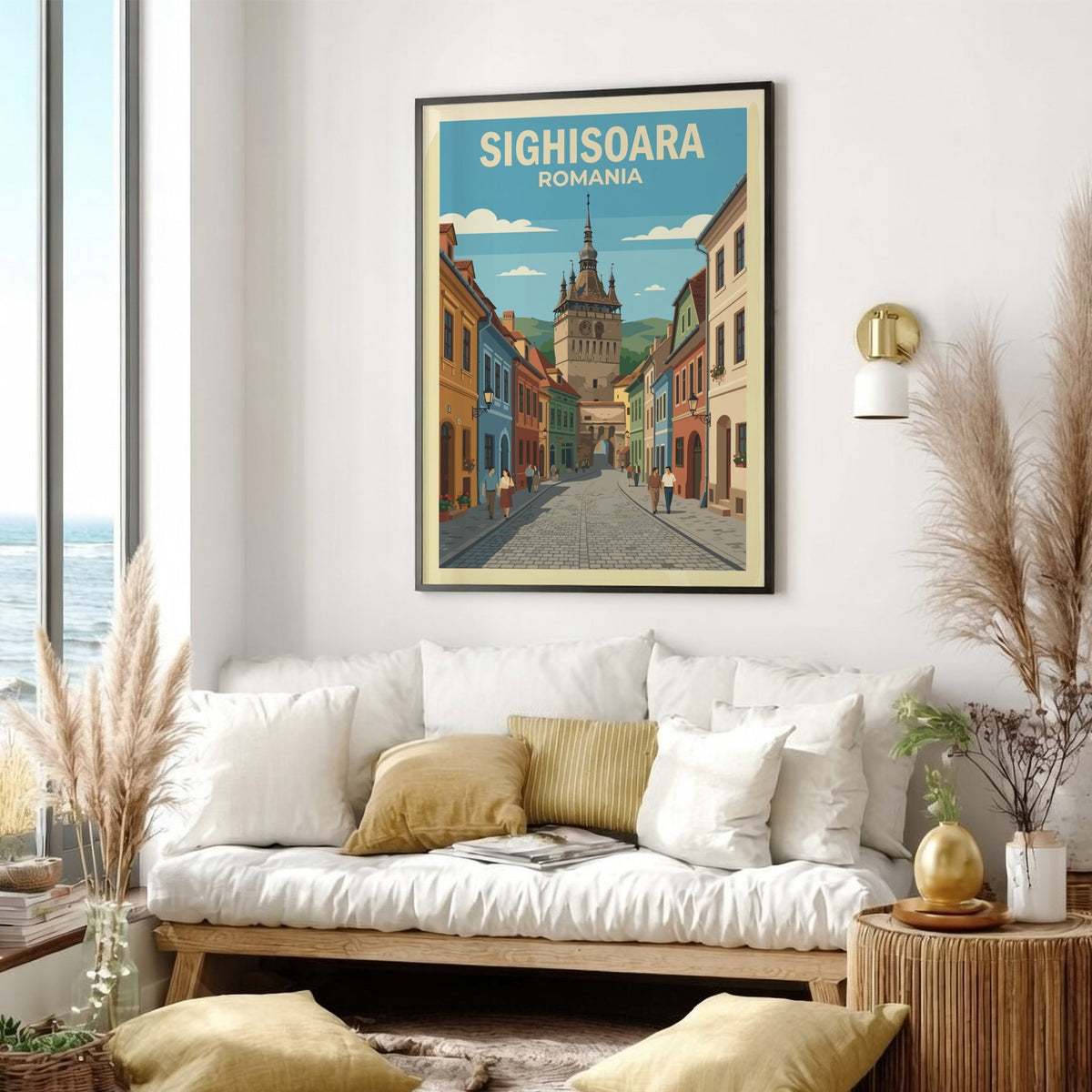 Poster of Sighisoara Romania featuring a cobblestone street leading to a historic clock tower.