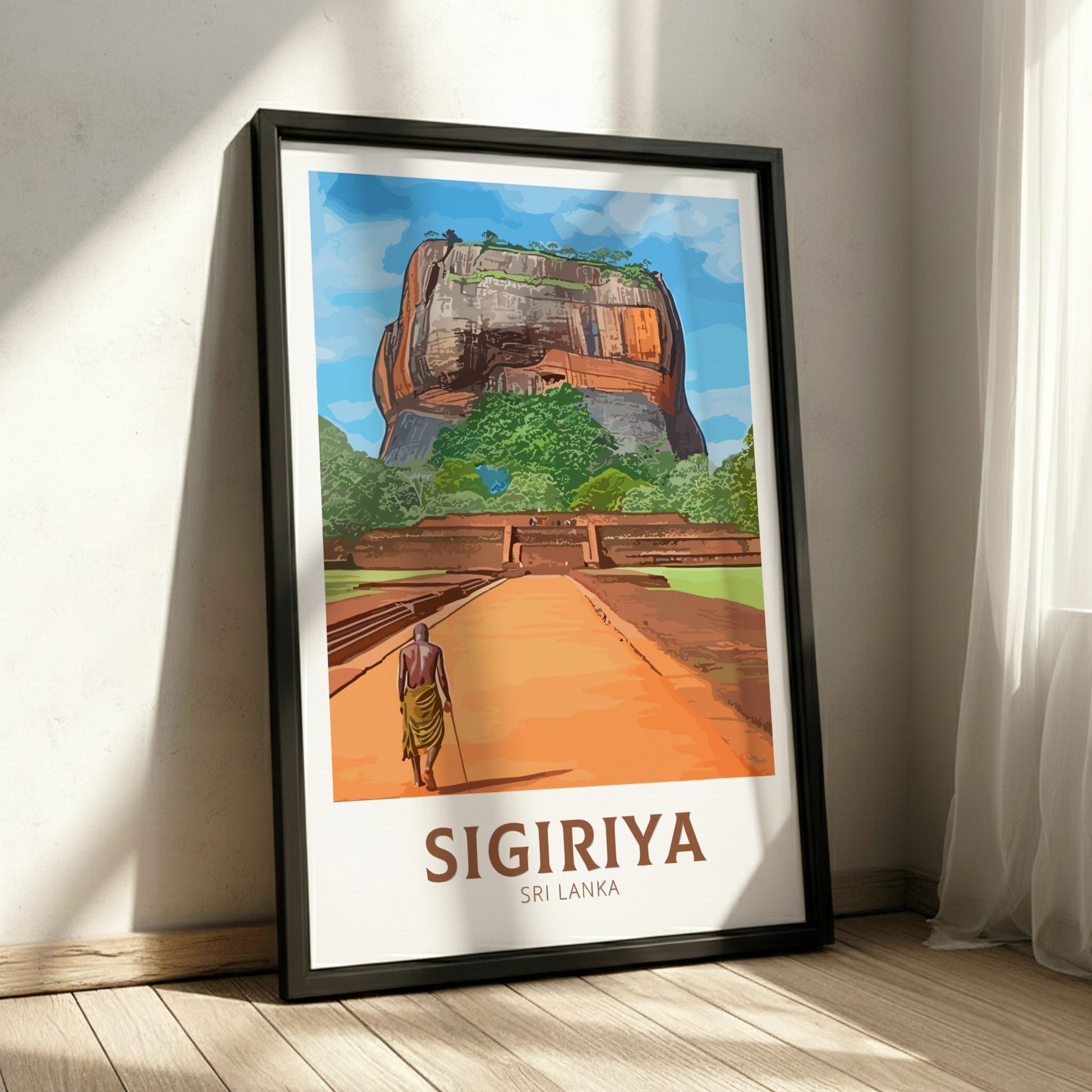 Framed poster of Sigiriya, Sri Lanka with a person walking towards the lion's head.